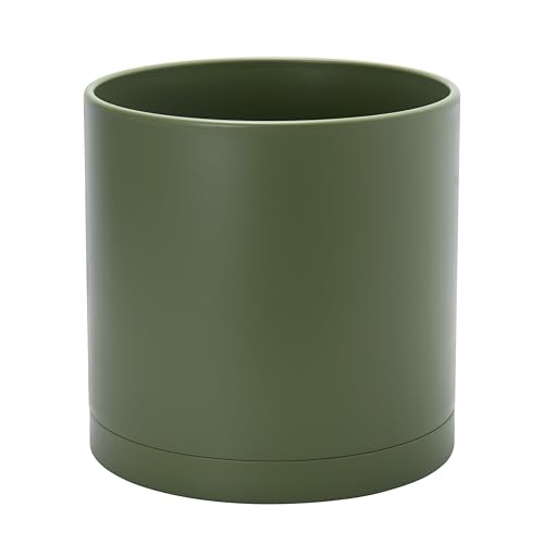 D'vine Dev Plastic Planter Pot with Saucer, 12 in, Olive, 74-X-I-3 - Lightweight Matte Finish, Cylinder Shape, Drainage Holes, Sleek Minimalist Design, Detachable Saucer, Easy Maintenance