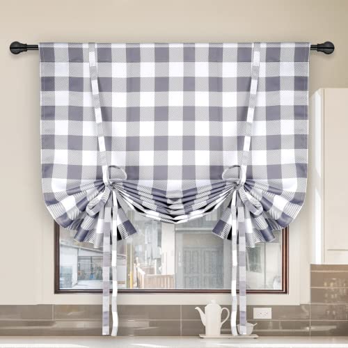"Simple Deluxe Adjustable Tie Up Shade & Curtains for Kitchen Windows, Buffalo Check Plaid Farmhouse Thermal Insulated Blackout Room Darkening Curtain, 42"" W x 63"" L, White and Gray"