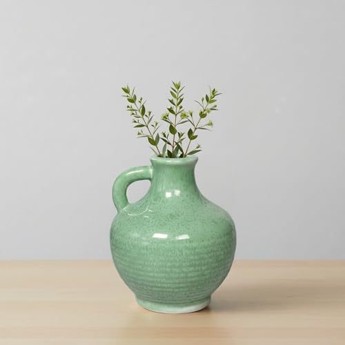 6 inch Ceramic Green Vase - Small Modern Decorative Vases with Handle, Living Room, Bedroom, Bathroom, Shelf, Home Decor