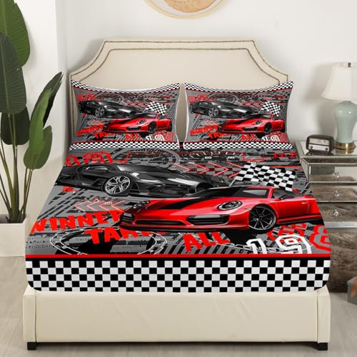Castle Fairy Racing Car Fitted Sheet Queen Size Extreme Sports Bedding Set Race Cars Sheet Set,Geometry Bed Cover Ultra Soft Breathable Bedspread 3 Pcs for Kids Teens Boys No Flat Sheet