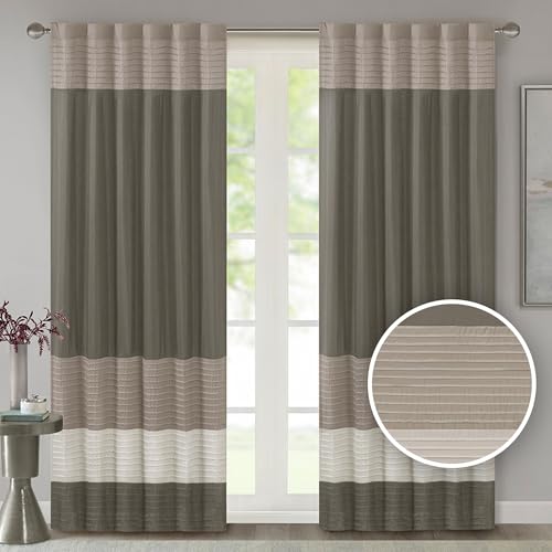 "Madison Park Faux Silk Rod Pocket Curtain with Privacy Lining for Living Room, Window Drapes for Bedroom and Dorm, 100% Polyester, Natural, 50"" W x 84"" L (Pack of 1)"