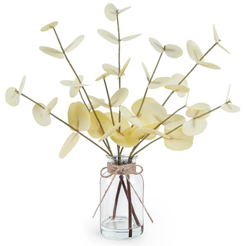 "Bessol Artificial Eucalyptus Stems in Glass Vase with Faux Water, 14"" Fake Plants for Home Decor, Coffee Table Centerpieces, Office, Bathroom & Farmhouse Weddings - Faux Plants Decorations"