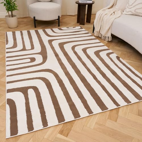 THE RUGS Living Room Rug, Loft Collection – Modern Textured 14mm Soft Pile Area Carpet, Non-Shedding & Easy Care [ Geometric Brown, 80x150 cm]