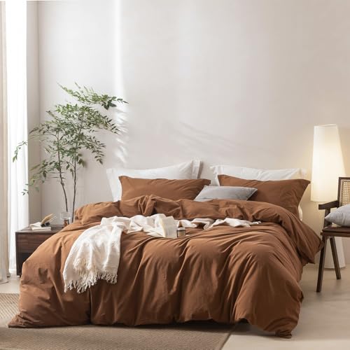 BDEAR 3 Pieces Dark Orange Duvet Cover Super Queen Size 98'' L x 90'' W, 100% Washed Cotton Duvet Cover with Zipper Closure Plus 2 Pillowcases, Oeko TEX Standard 100 Certificated, Cozy Feel