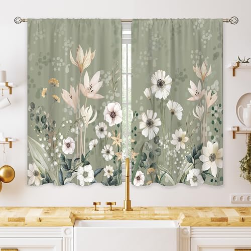 oolygoo Green Boho Flower Small Kitchen Curtains Flower Plant Window Treatment Botanical Herb Chic Rod Pocket Cafe Short Window Curtains for Bathroom Dining Room Tier Treatment Drapes 27.5x39 inch