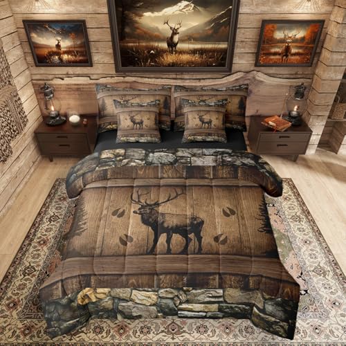 Erosebridal 7 Pieces Camo Deer Comforter Set for Kids Teens Adults - Queen Size Rustic Cabin Lodge Bedding Set Woodland Antler Moose Bed in A Bag Farmhouse Country Hunting Wild Animal Quilt Sets