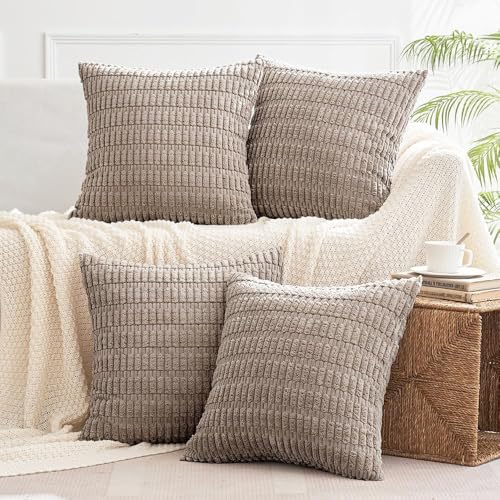 All Smiles Decorative Throw Pillow Covers 20x20 Set of 4 Brown Thanksgiving Farmhouse Home Corduroy Square Cushion Case for Decor Living Room Couch Bed Sofa