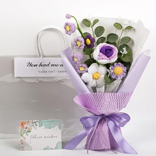 EZsenses Crochet Flower Bouquet ??? Hand-Knitted Faux Flowers with Gift Bag & Greeting Card, Perfect for Home Decor, Weddings, Birthdays & Memorial Gifts