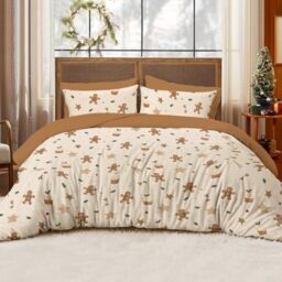 Erwinmu Christmas Duvet Cover Set Twin Size,Beige Cartoon Pattern Christmas Bedding Set for Kids Adults,Soft Brushed Microfiber Comforter Cover Set Includes 1 Duvet Cover and 1 Pillowcase
