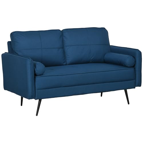 HOMCOM 2 Seater Sofa for Living Room, Modern Fabric Couch with Back Cushions and Pillows, Loveseat Sofa Settee for Bedroom and Home Office, Blue