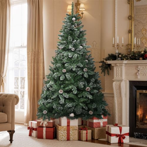 YITAHOME 6ft/1.8m Snow Flocked Artificial Christmas Tree with Pine Cones - 880 Tips, Foldable Metal Stand & Metal Frame, Easy Assembly Pop Up Christmas Tree for Home Party, 182 x ??100cm