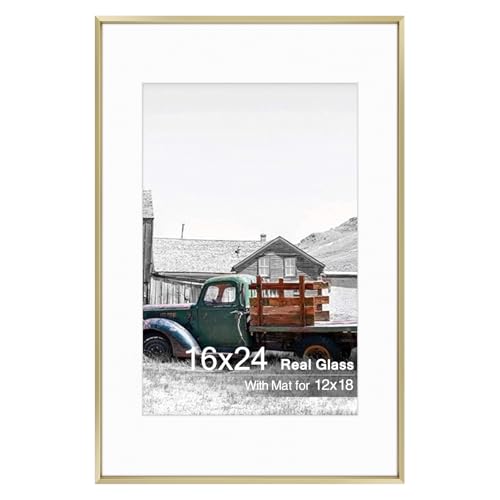 Golden State Art, 16x24 Gold Picture Frame Displays Photo 12x18 with Mat or 16 x 24 Without Mat for Wall Mounting, Classic Satin Aluminum Frames with Real Glass (Pack of 1)