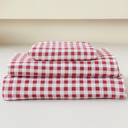NSNLGSGC Red Gingham Queen Sheet Set, Soft Brushed Microfiber Plaid Queen Bed Sheets, 4-Pieces Grid Sheet Set with Deep Pocket