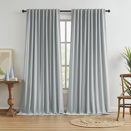 100% Blackout Curtain Panels Rod Pocket with Back Tabs Hook Belt Curtains with Pleated Look for Track System, Energy Efficient Curtains for Living Room, Patio, Door Blinds, Light Grey 183 x