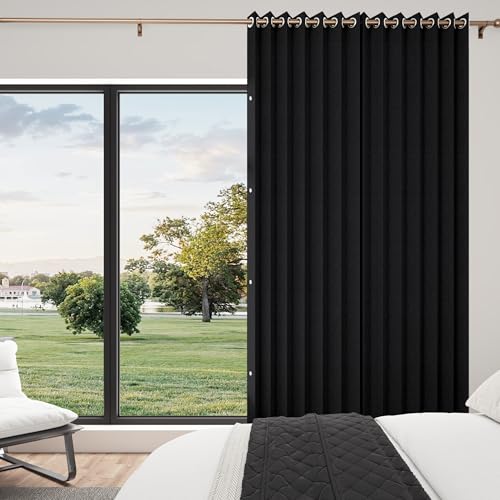 HMYI Full Blackout Memory Trained Pleated Curtains with Magnetic Closure, Faux Linen Weave Vertical Drape for Loft/Home Office, 1 Panel, W45 x L90, Black