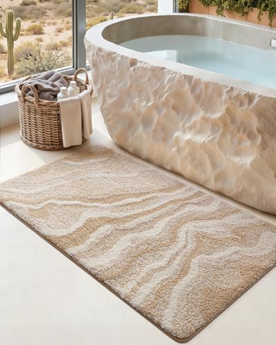 DEXI Bathroom Rug Mat 24x43, Non Slip Machine Washable Marble Bathmat, Absorbent Thick Microfiber Rugs, Soft Plush Carpet for Shower Floor, Tub, Sink, Bath Accessories Decor, Beige
