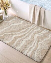 DEXI Bathroom Rug Mat 24x43, Non Slip Machine Washable Marble Bathmat, Absorbent Thick Microfiber Rugs, Soft Plush Carpet for Shower Floor, Tub, Sink, Bath Accessories Decor, Beige