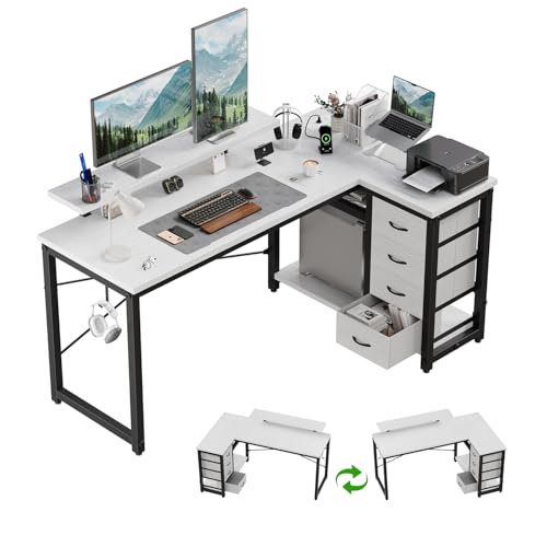 JUMMICO L Shaped Desk with 4 Drawers,140x80cm Computer Corner Desks with Power Outlets & USB Charging Port, Reversible Large Storage Shelves Office Table With Monitor stand,White