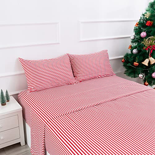 Best Season Ticking Stripe Sheet Set,4 Piece Full Size Microfiber Bedding,Burgundy Red and White Pinstripe Patterned,Deep Pocket