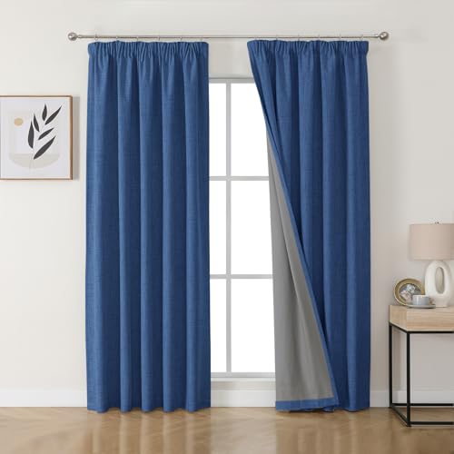 Joydeco 100% Blackout Curtains, Linen Curtains with Ruffle Tape, Set of 2, H 200 x W 140 cm, Navy Blue, Thermal Curtain, Cold Protection, Opaque, Sound Protection, Ideal for Living Room, Matches Rail