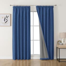 Joydeco 100% Blackout Curtains, Linen Curtains with Ruffle Tape, Set of 2, H 200 x W 140 cm, Navy Blue, Thermal Curtain, Cold Protection, Opaque, Sound Protection, Ideal for Living Room, Matches Rail