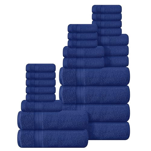 BOUTIQUO 24 Pack Cotton Towel Set, Contains 6 Bath Towels 27x54 inch, 6 Hand Towels 16x24 inch & 12 Wash Coths 12x12 inch, Ideal Everyday use, Ultra Soft Compact & Lightweight - Navy Blue