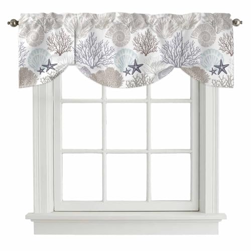 LooPoP Tie Up Valance for Windows Nautical Coastal Ocean Coral Curtains Valances Rod Pocket Valance Window Treatments Beach Themed Grey Balloon Curtains for Kitchen Living Room Bedroom Bathroom 54x18