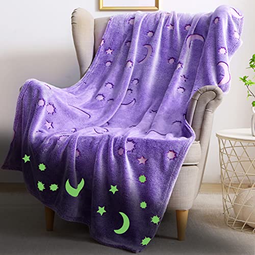 Glow in The Dark Blanket for Girls Birthday Purple Moon Star Soft Throw Blanket for Kids Toddler Teen Girls Women 50x60 inch (Purple Moon Sun)