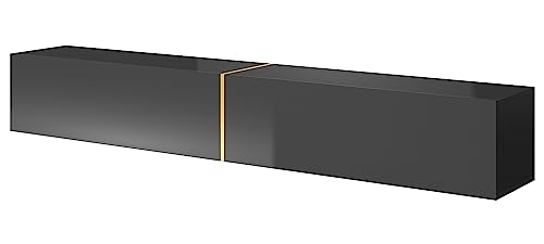 "SELSEY Bisira Wooden TV Cabinet 200 x 32 x 30 cm, Wall-Mounted Black Matte & Gloss Finish with Gold Accent, Fits TVs Up to 75"", Durable & Stylish, Ample Storage, Ideal for Modern Living Rooms"