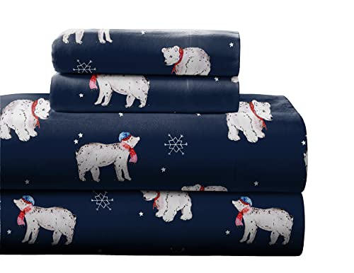 Pointehaven 180 GSM Cotton Flannel Sheet Set - Twin, Snow Bear,Blue,F180TWSHTSSB