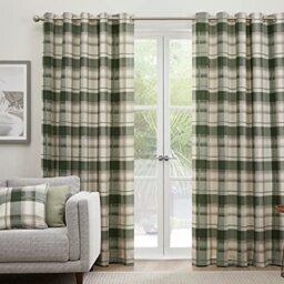 Fusion Green Tartan Eyelet Drapes – W66 x L72 (168x183cm) – 100% Cotton – 2 Panels – Olive & Dark Green Check Plaid Window Dressing for Bedroom/Living Room/Office – Strata Collection