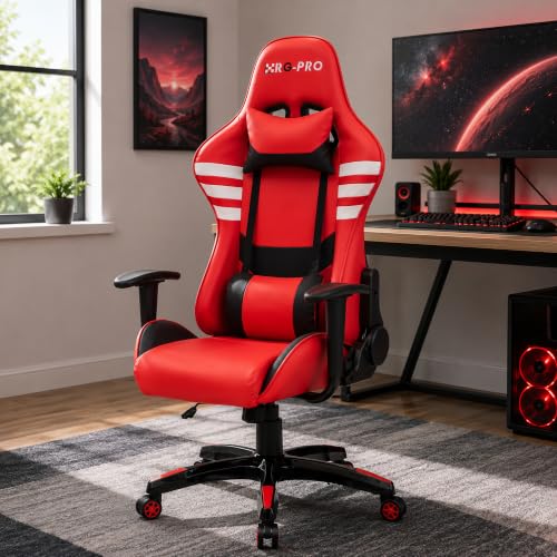 RayGar RG-PRO Gaming Chair High Back Racing Style, PU Faux Leather, Ergonomic Design with Adjustable Recline, Lumbar Support and Neck Pillow, 360 Degree Swivel (Red)