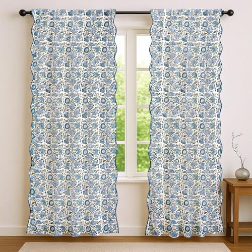 Ridhi Asparagus Green Floral Cotton Scallop Curtains Pack of 1 84-Inch Pocket for The Rod Semi-Sheer Drapes for Living Room & Bedroom, Floral Patterned Farmhouse Boho French Country Window Panels