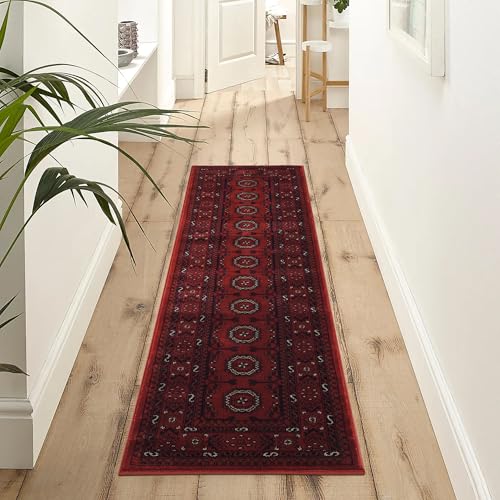 Rugs by Desire Yasmin Traditional Bukhara Indoor Area Rug Soft Woven Carpet with Jute Backing Classic Oriental Style Runner for Living Room, Bedroom, Hallway, Red, 60x220 cm