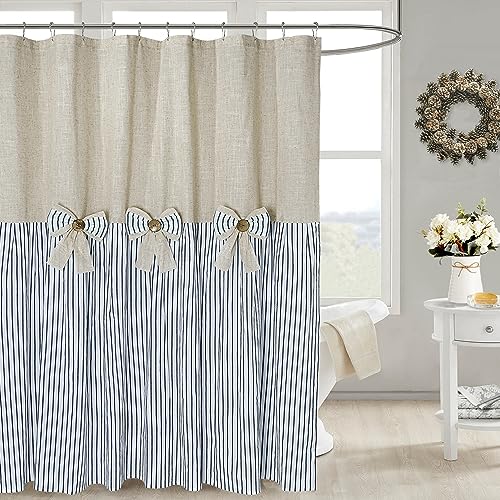DOSLY Ides Linen Button Farmhouse Beige Shower Curtain with Bowknot, Linen and Cotton Woven Fabric, Pleated Blue Stripe, Country Style, 72x72 in