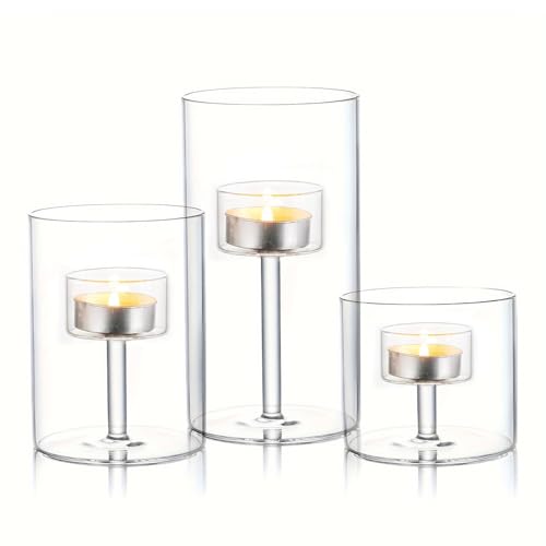 Glass Hurricane Candle Holder, 3pcs Clear Cylinder Candle Holders Bulk for Pillar Candles, Open Ended Glass Candle Pedestal for Wedding Centerpieces Tables, Party, Event(No.01)