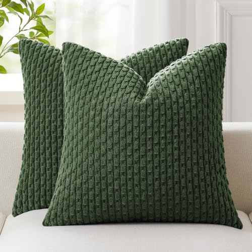 Kevin Textile Christmas Corduroy Decorative Throw Pillow Covers 24x24 Inch Pack of 2 Soft Boho Striped Pillow Covers Modern Farmhouse Home Decor for Spring Sofa Living Room Couch Bed Dark Green