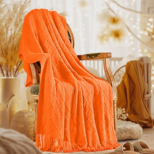 "inhand Knitted Throw Blanket Warm Soft Lightweight Home Decor Throw for Couch Sofa Living Room Halloween Farmhouse Fall Outdoor Indoor 50""x60"", Tan Orange"