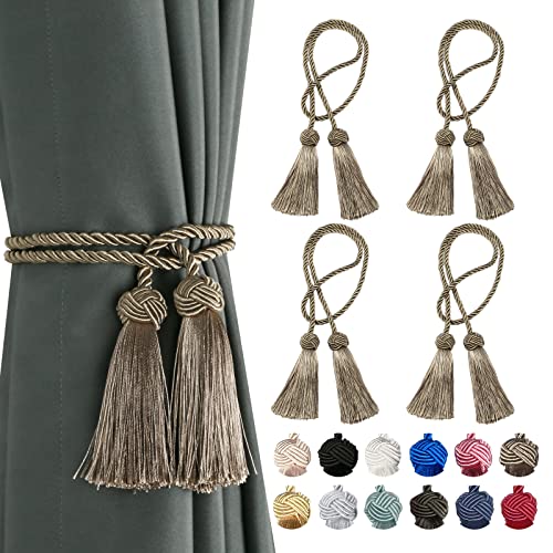 BEL AVENIR 4 Pack Curtain Tiebacks Handmade Decorative Curtain Holdbacks Rope with Tassel- Brown