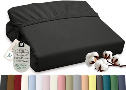 ROYALE LINENS 300 Thread Count 100% Long Staple Combed Cotton Fitted Sheet Twin XL - Super Soft Deep Pocket Bottom Sheet - Fitted Sheets Only - Elastic Sheets (Twin XL, Black)