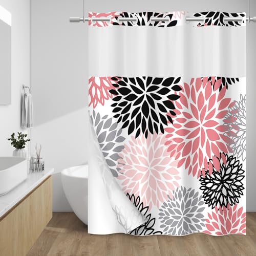 Hookless WITHLOC Shower Curtain with Snap-in Liner - Dahlia Floral Shower Curtain - Waterproof fabric interior liner, plants, modern pink and grey flowers, fabric shower curtains