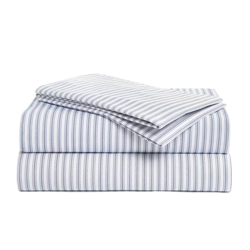 Peru Pima Bed Sheet Set ??? Twin Size, 3 Pieces, 100% Peruvian Pima Cotton, Percale, 415 Thread Count, Cooling, Breathable & Soft, Hotel-Quality Bedding, Nautical Stripe Blue
