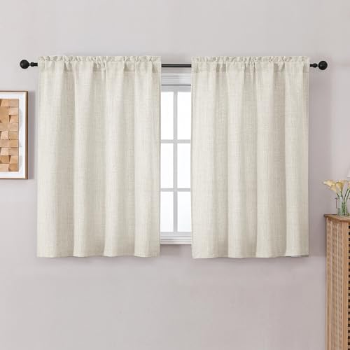 Chyhomenyc Natural Kitchen Curtains 45 Inch Length 2 Panels, Light Filtering Faux Linen Slub Textured Short Curtains, Neutral Soft Airy Window Treatment Curtain for Living Room Bedroom, 30Wx45L Inch