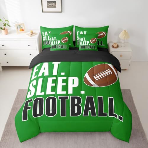 Feelyou Football Comforter Set with Sheets Twin Size Rugby Sports 7 Pieces Bedding Set for Kids Boys Girls Teens Green Sports Ball Game Bed in a Bag Gift for Football Lover Bed Set