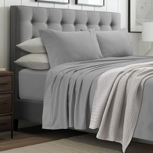 "Tribeca Living 1000 Thread Count Egyptian Cotton Sheets King Size, Luxurious and Ultra Soft Sateen Weave, 22"" Extra Deep Pocket 4-Piece Bed Sheet Set, Mist Grey"