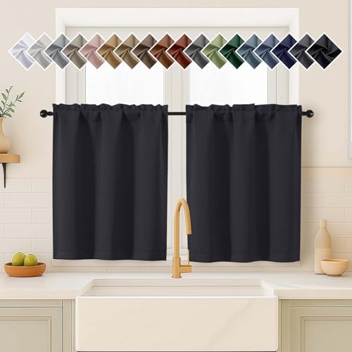 "OVZME Black Blackout Curtains for Small Window Treatment, Light Blocking Short Kitchen Window Curtains Over Sink, Dual Rod Pocket Half Window Tiers for Bathroom Basement, Each 40"" Wx36 L, 2 PCS"