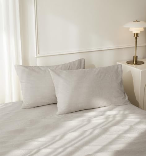 JIYUAN 100% Washed Cotton Pillowcases Set Envelope Closure Pack of 2 Comfy Simple Style Soft Breathable Textured Durable Linen Feel Bedding for All Seasons Queen Size, Cream Grey