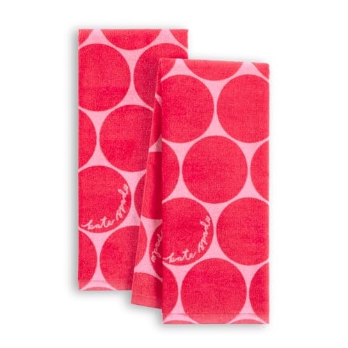 "Kate Spade New York Joy Dot Kitchen Towels 2-Pack Set, Absorbent 100% Cotton Velour, Red/Rose Pink, 17""x28"""