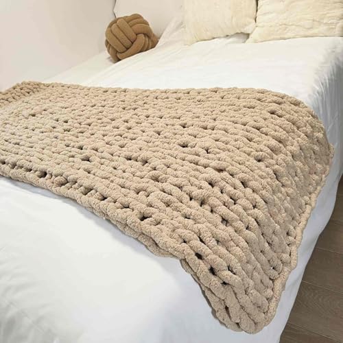 "Soft Chunky Knit Throw Blanket for Couch, Cozy Warm Knitted Blankets - Hand Knit with Jumbo Chenille, Lightweight Warm Fluffy Decor for Women, Mom, Her & Girls, Sofa, Chair, Bed, 48""x71"" (Tan)"