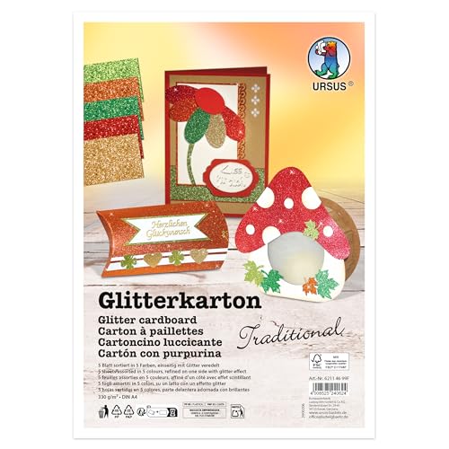 Ursus 6211 46 99F Glitter Card Traditional, 5 Sheets DIN A4, 330 g/m?? Photo Card, 5 Assorted Colours, One Sided Glitter, Craft Card for Decoration, DIY & Cards